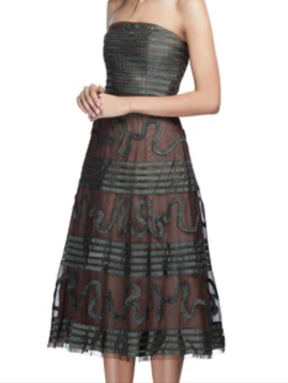BCBGMAXAZRIA Retro Y2K Strapless Tulle Cocktail Midi Chocolate Brown Sz S